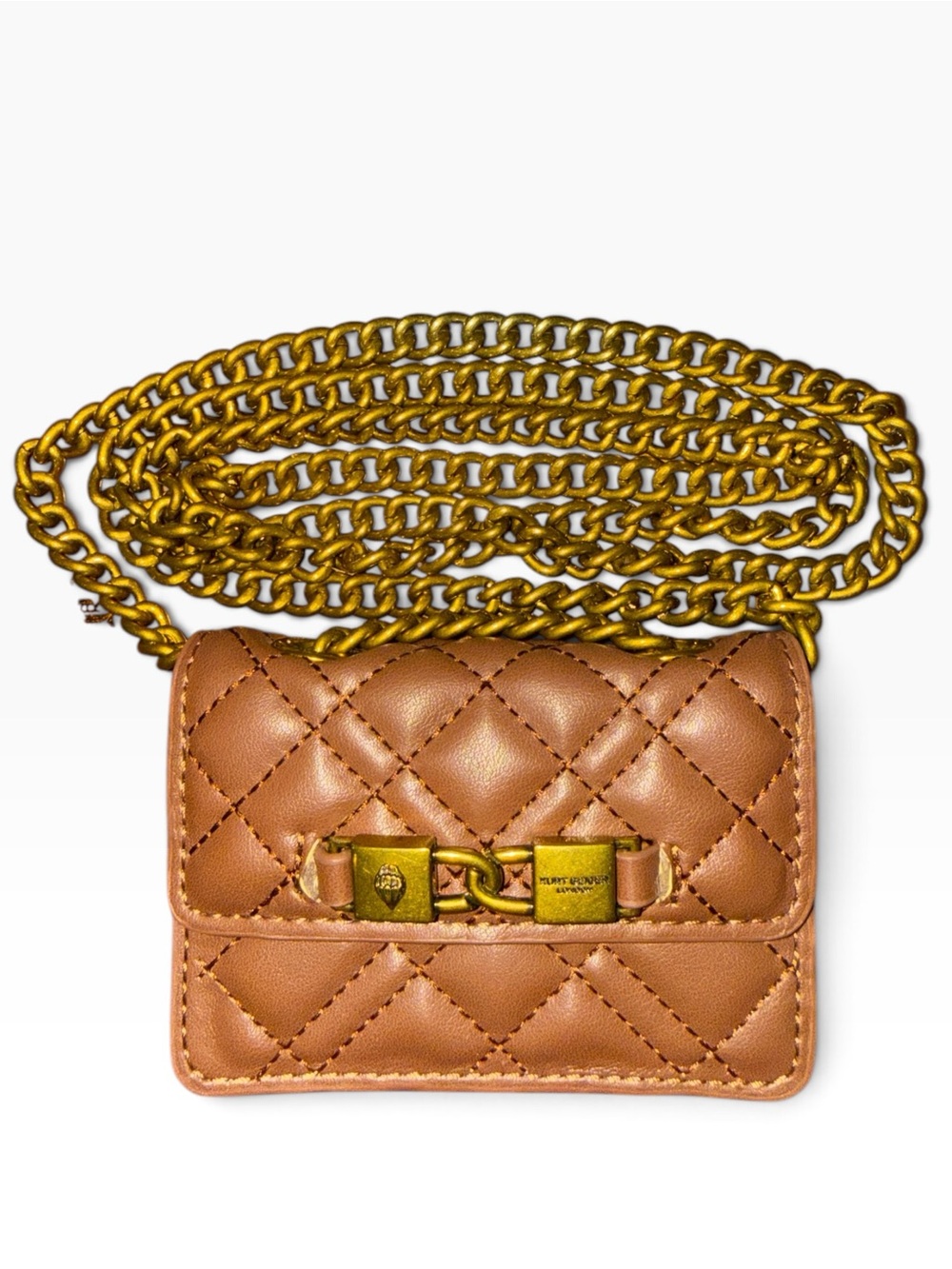 Kurt Geiger Quilted Brown Leather Mini Crossbody with Gold Chain